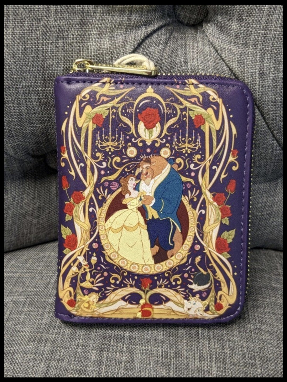 Loungefly Purple Beauty and the Beast Zip Wallet with Gold and Red Accents